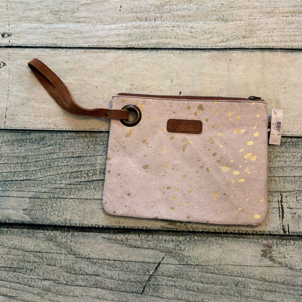 NWT Jane Marie Gold Spotted Cowhide look suede wristlet purse clutch.